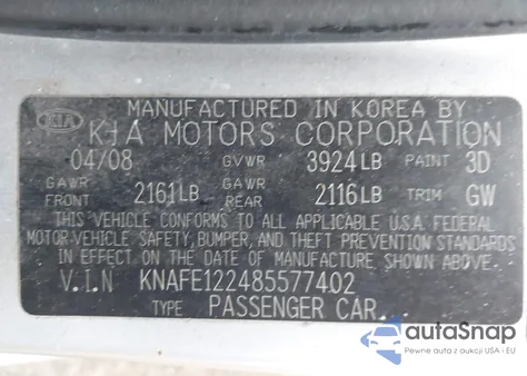2008 Kia Spectra Ex from USA, damaged, VIN KNAFE122485577402